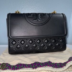 Tory Burch Black Quilted Shoulder Bag & Tory Burch Fleming Slim Wallet